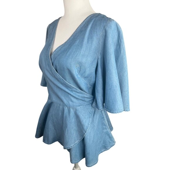 LOFT Chambray Blue Wrap Peplum Top Small Flutter Sleeves Adjustable Tie Waist - Picture 6 of 14